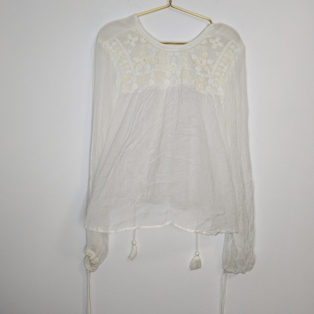 NWT Anthropology Free People Medium Ivory Sheer‎ Retro Tasseled Babydoll Top